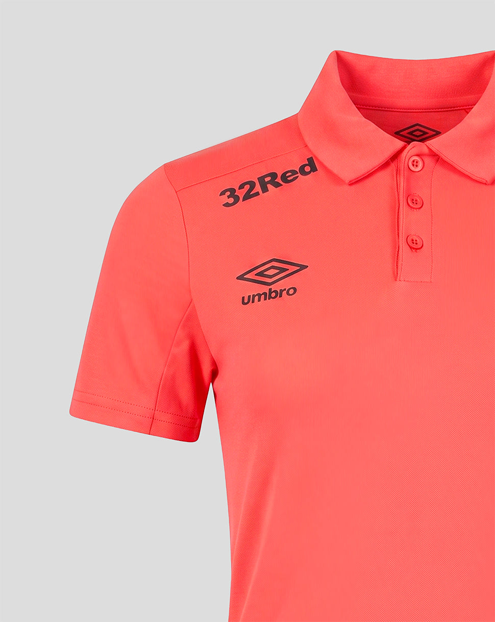 Red polo shirt with 32Red and Umbro logos on a gray background