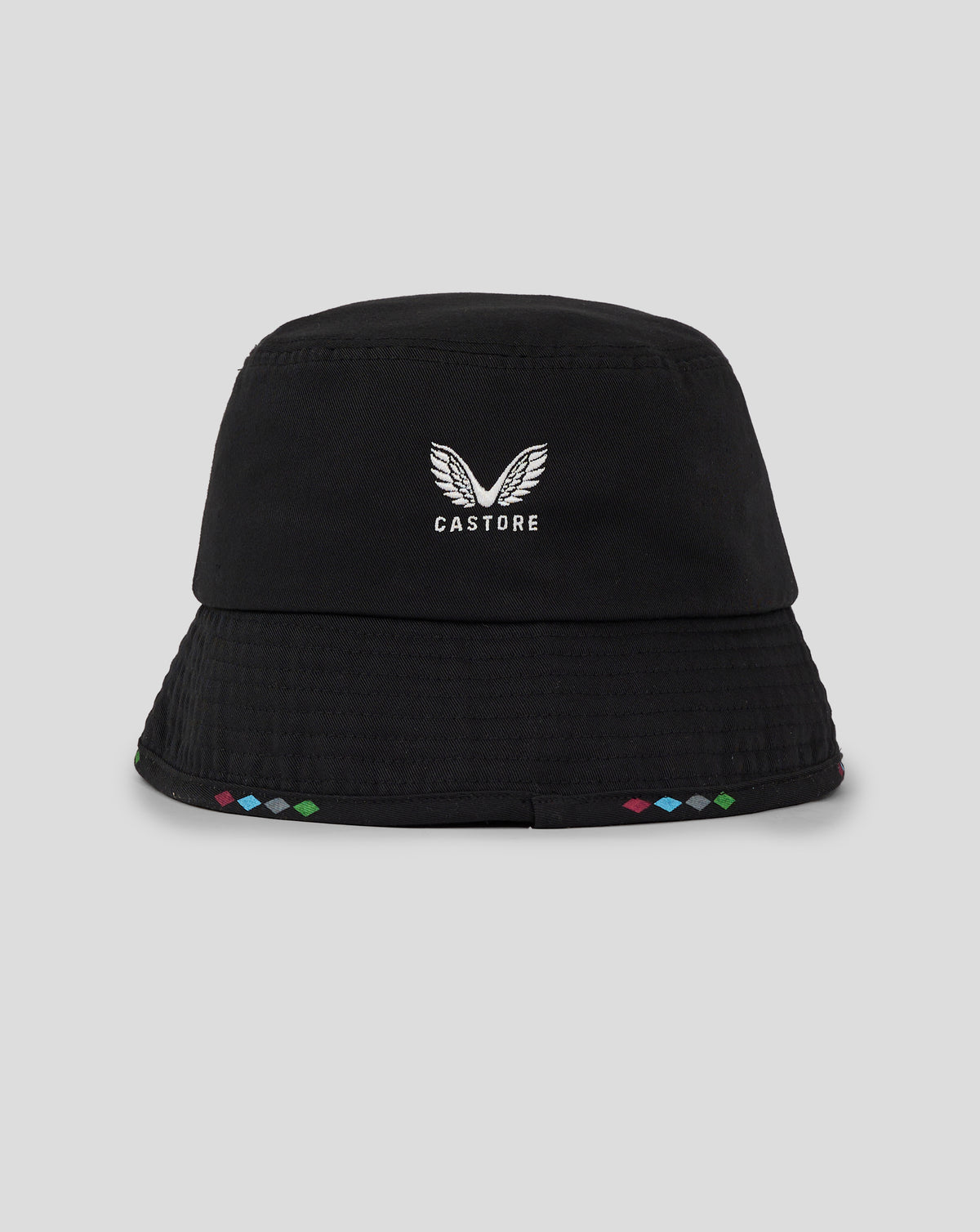 Close-up of Harlequins Mono Bucket Hat showing Castore emblem on front panel