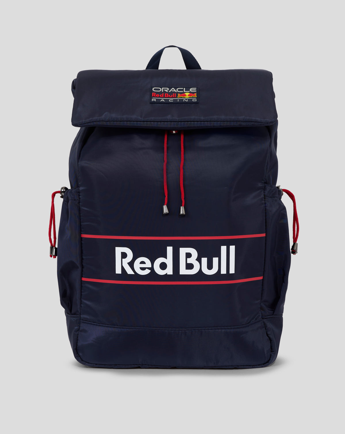 Navy Red Bull Racing backpack with a folded top flap and Oracle Red Bull Racing patch on the front.