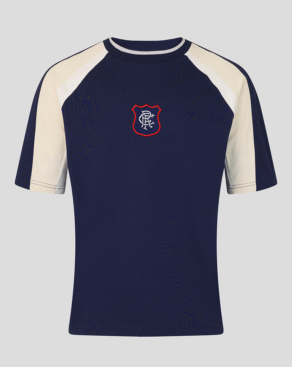 Rangers Unisex 25/26 Art of Football Panelled 90s T-Shirt - Navy