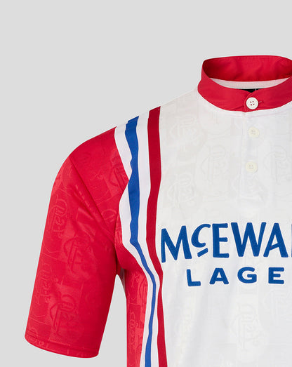 Red and white cycling jersey with blue text on a gray background