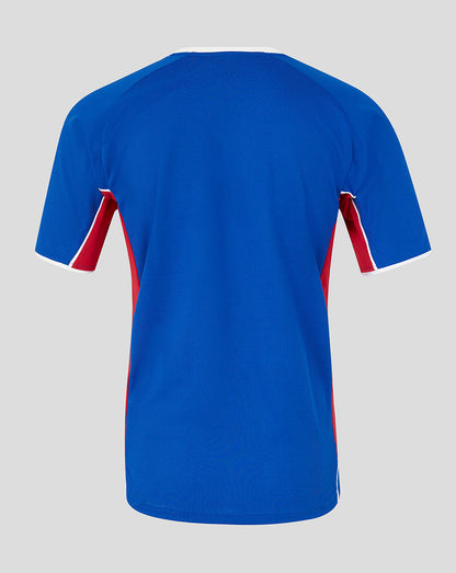 Blue sports jersey with red and white accents on a gray background