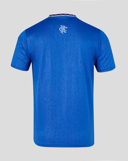 Blue sports jersey with a logo on the back against a gray background
