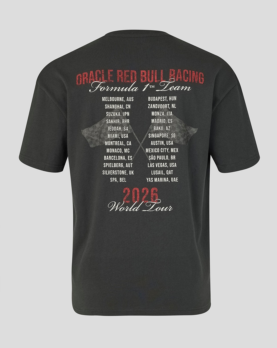 Black t-shirt with Oracle Red Bull Racing Formula 1 Team text and 2026 World Tour details on a gray background