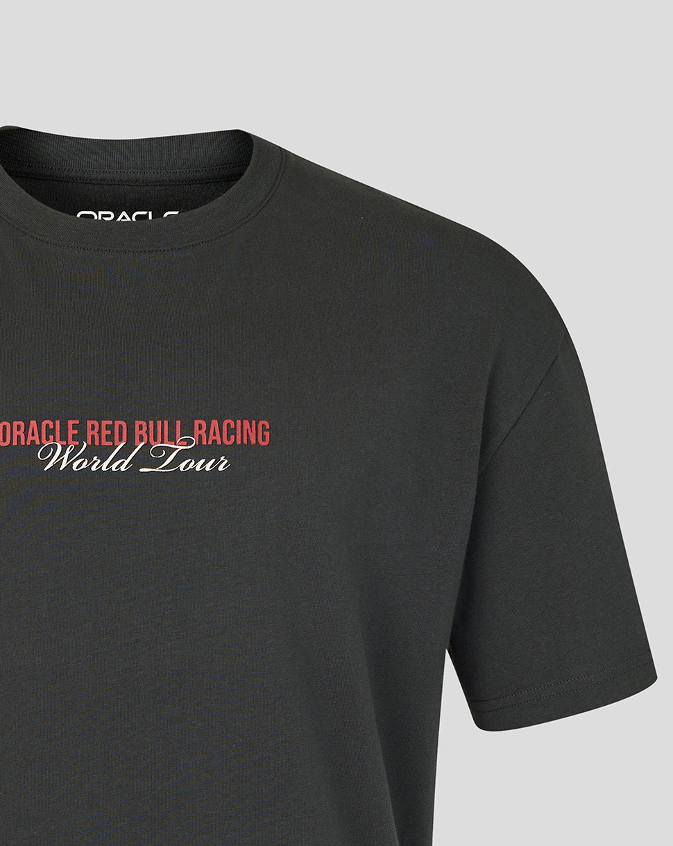 Black t-shirt with Oracle Red Bull Racing World Tour text on a gray background