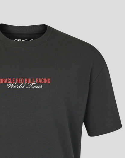 Black t-shirt with Oracle Red Bull Racing World Tour text on a gray background