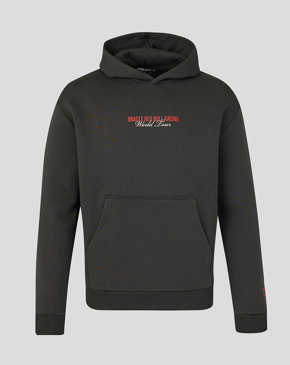 Black hoodie with red and white text on a gray background