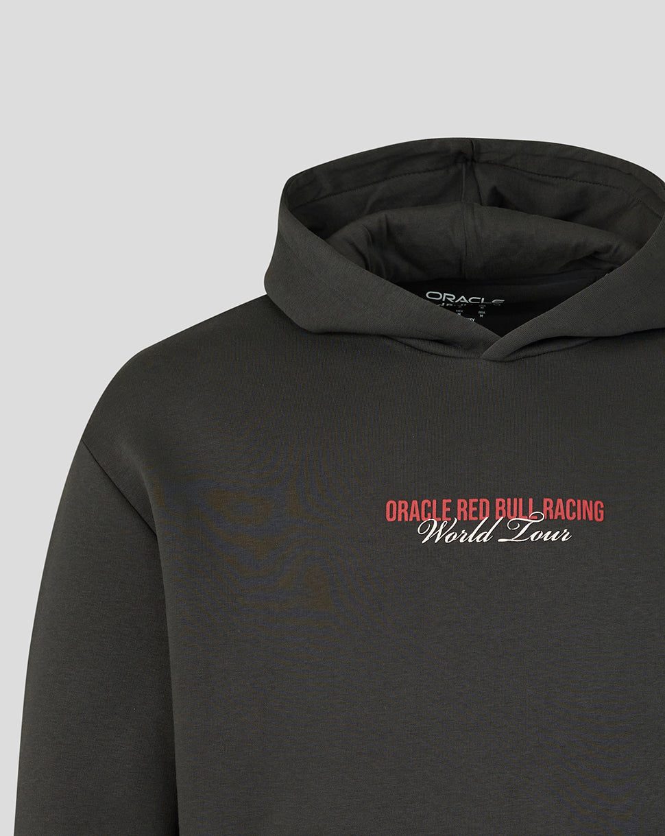 Black hoodie with 'Oracle Red Bull Racing World Tour' text on a gray background