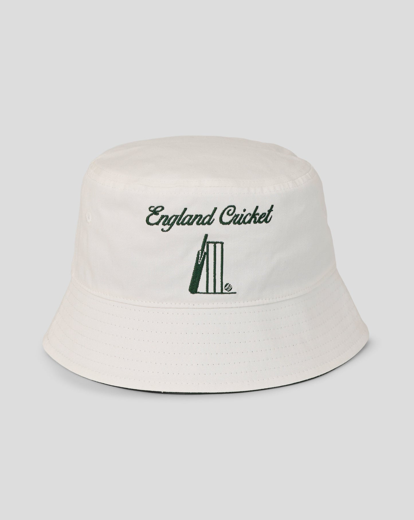 White bucket hat with 'England Cricket' text and cricket bat design on a white background