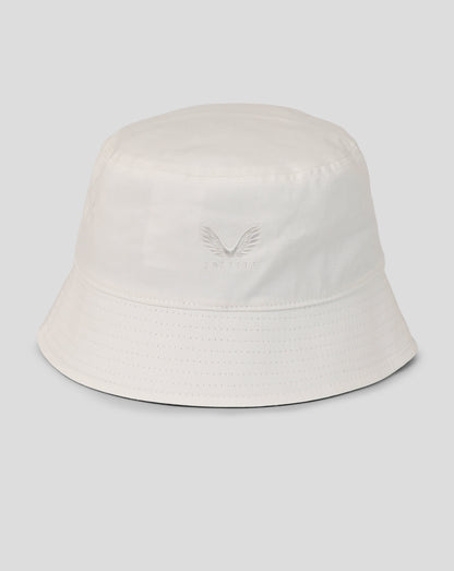 White bucket hat with a logo on a light gray background