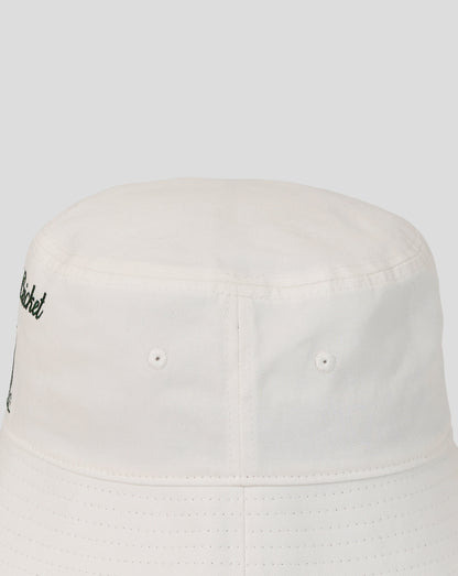 White bucket hat with a small logo on a white background