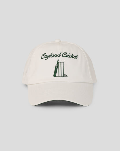 Beige cap with 'England Cricket' text and cricket bat emblem on a light gray background