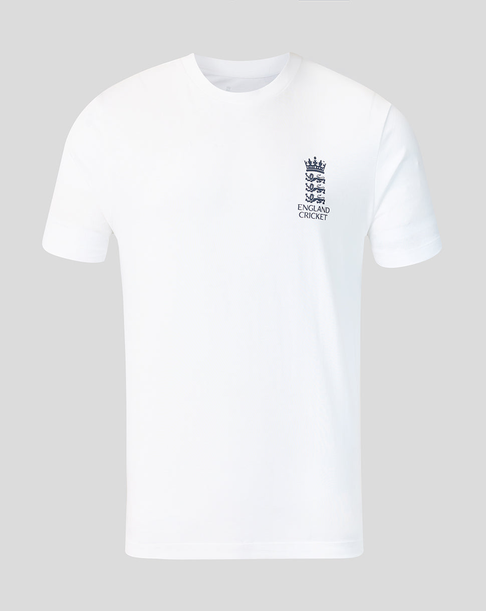 White t-shirt with England Cricket logo on a light gray background