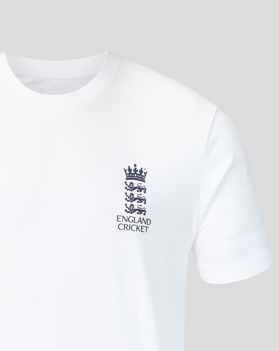 White t-shirt with England Cricket logo on a light gray background