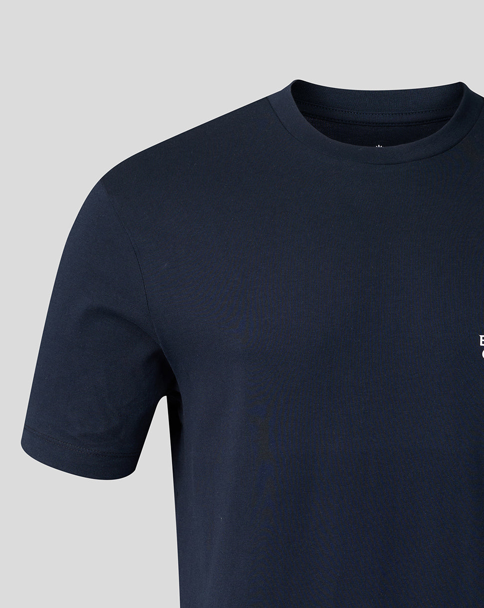 Navy blue t-shirt on a light gray background