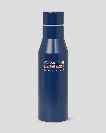 Blue water bottle with Oracle Red Bull Racing logo on a light gray background