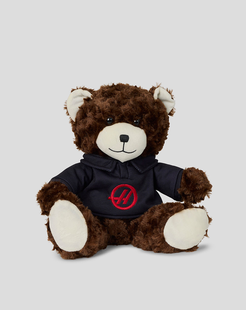 Brown teddy bear wearing a black hoodie with a red logo on a light gray background