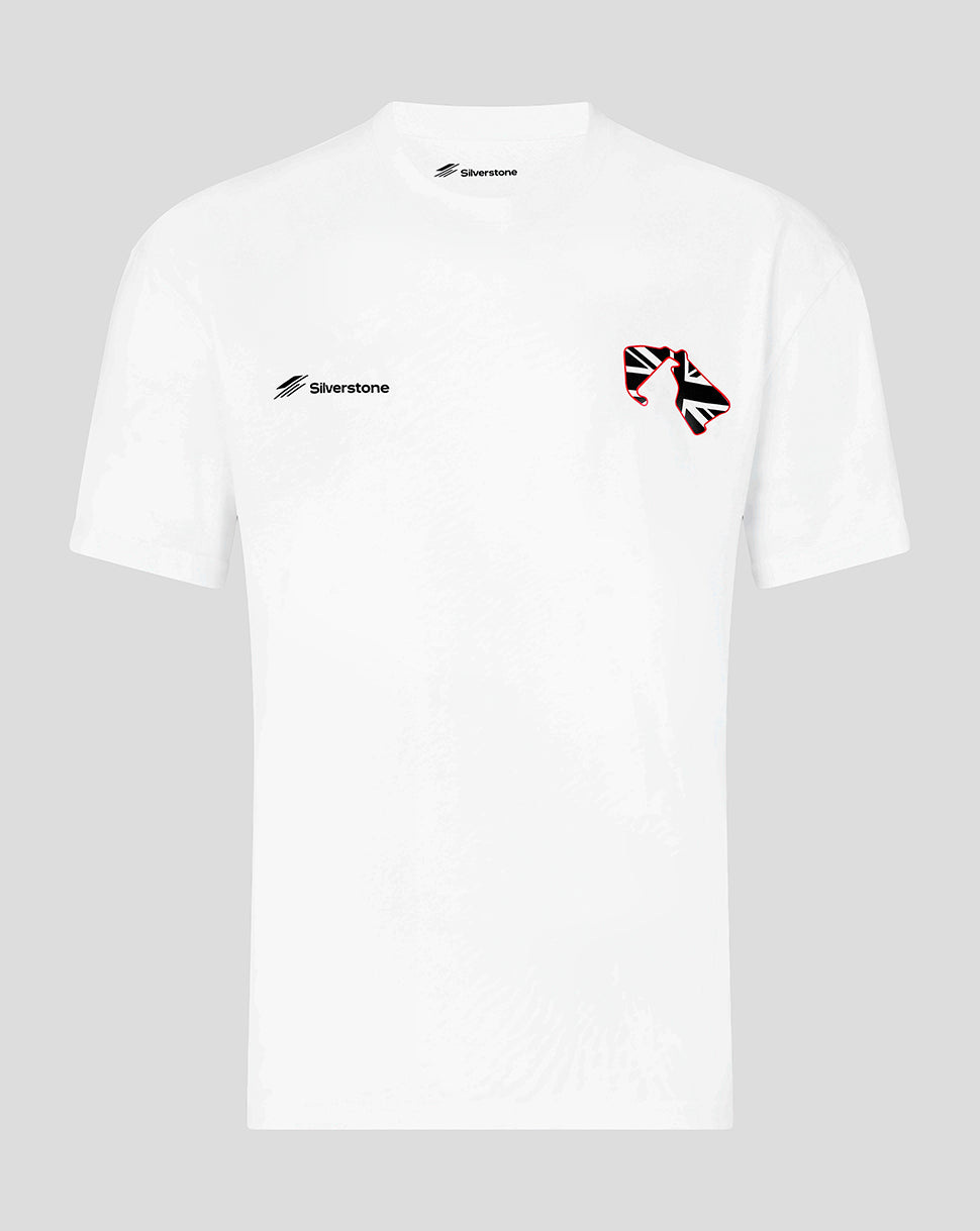 White Silverstone T shirt with Union Jack graphic on the right chest and Silverstone logo on the left chest