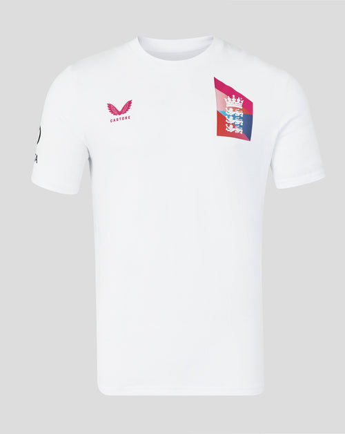 White t-shirt with logos on a gray background