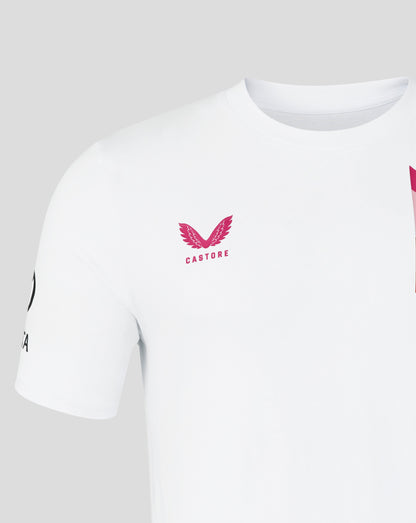 White t-shirt with pink logo and text on a light gray background
