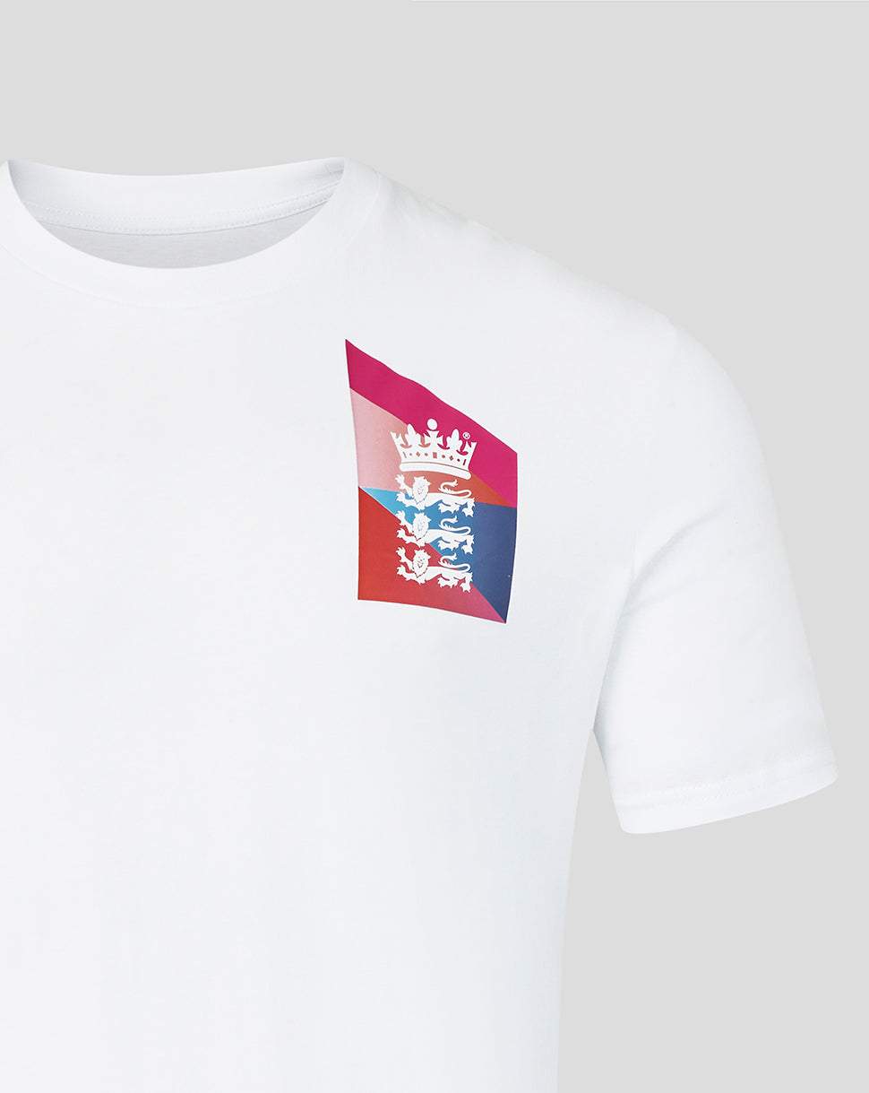 White t-shirt with a colorful logo on a light gray background