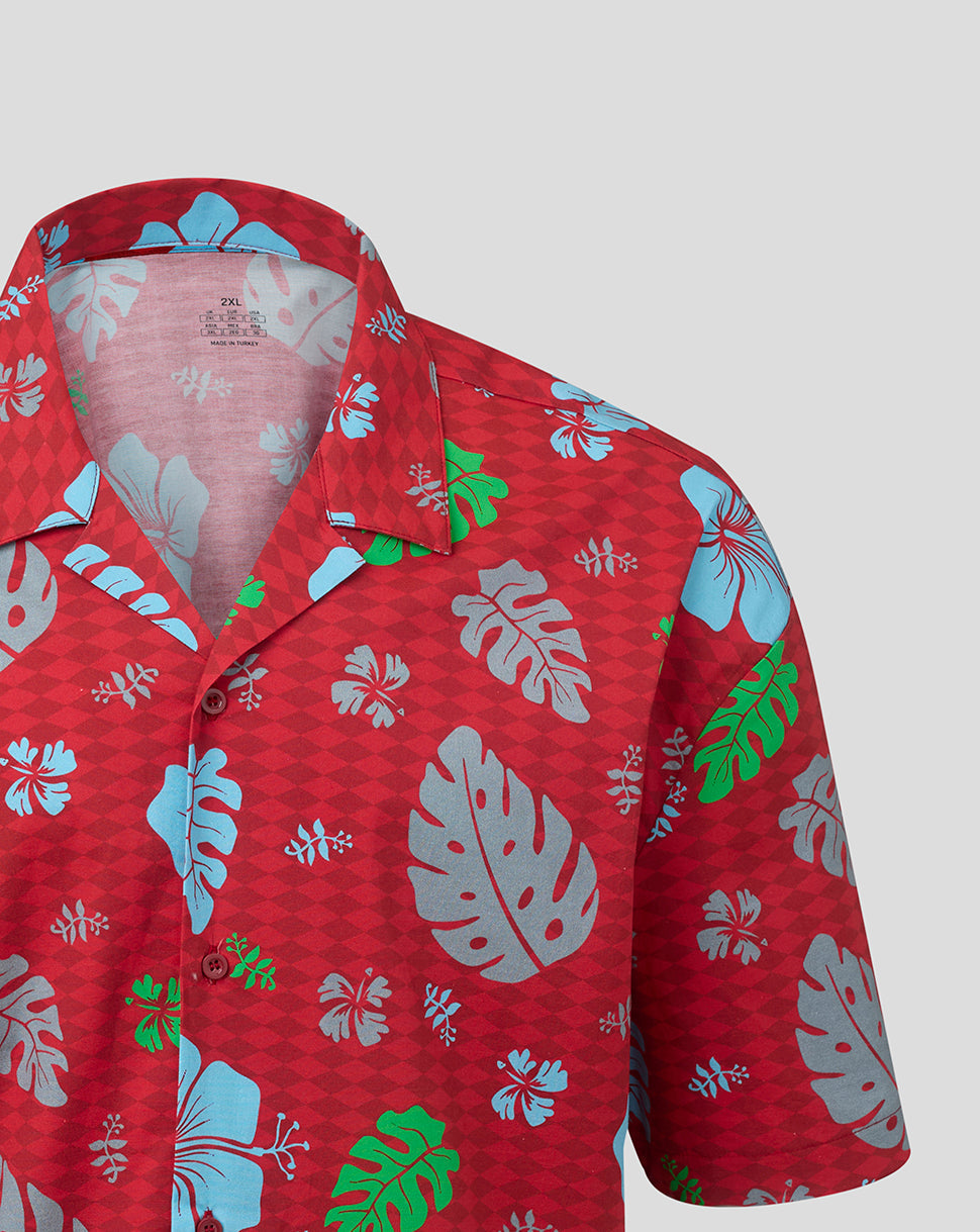 Red floral patterned shirt on a gray background