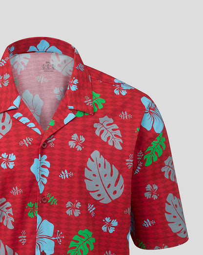 Red floral patterned shirt on a gray background