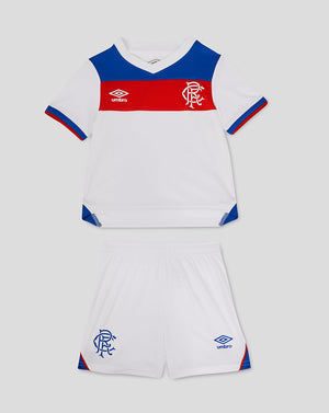 Rangers Baby 25/26 Away Kit set with white jersey blue shoulders red stripe and matching shorts