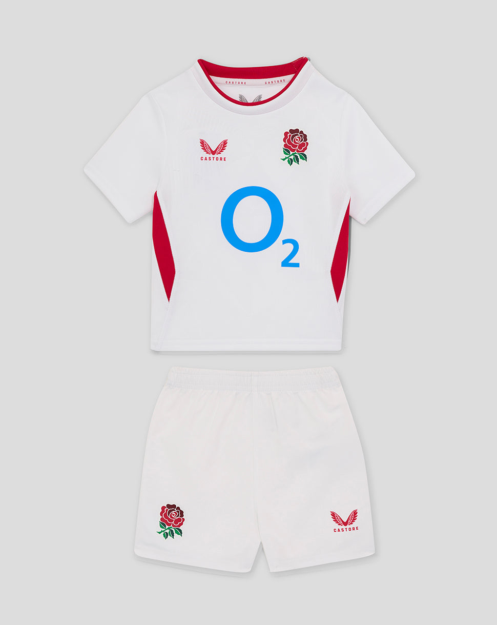 Conjunto local de manga corta England Rugby 25/26 para bebé – Blanco brillante - Blanco brillante/Lipstick Red