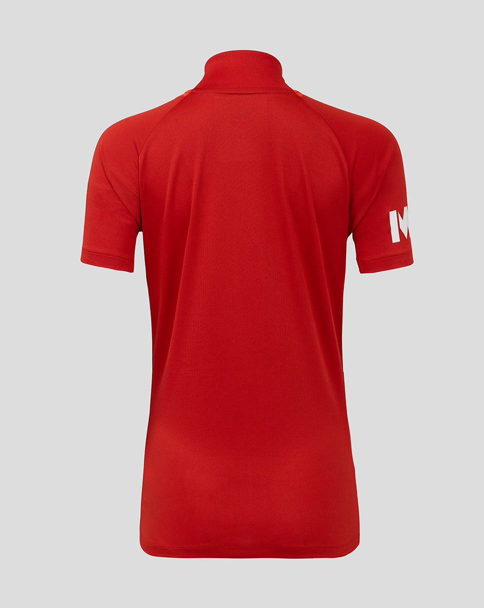 Back view of red England 25/26 T20 women's short sleeve replica cricket shirt with a white logo on the right sleeve