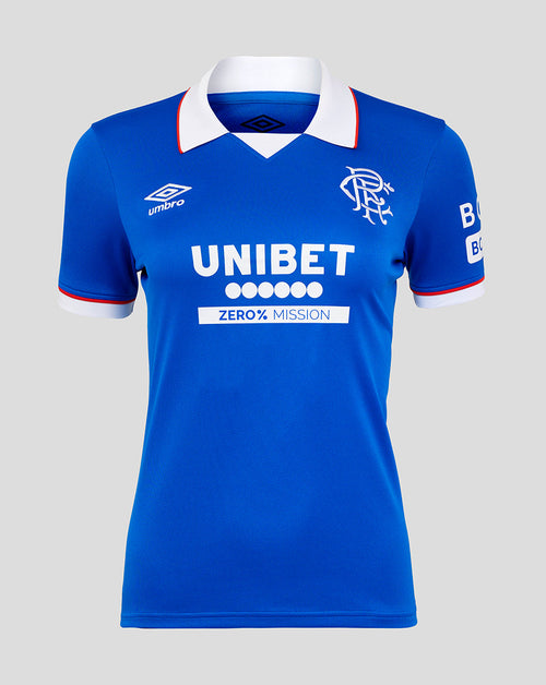 Rangers FC 25/26 women's home shirt in blue with white collar and crest.