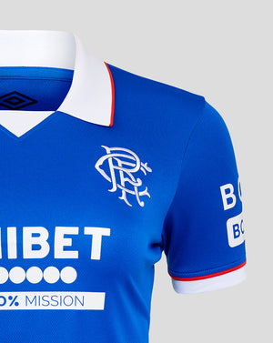 Close up of blue Rangers FC women's 25/26 home shirt collar and crest on the chest.