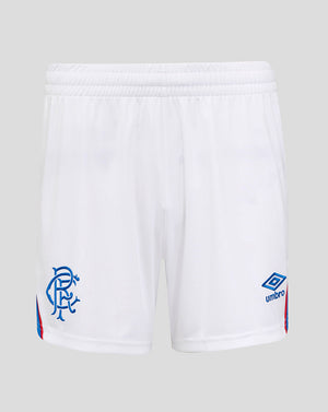 White Rangers FC womens home shorts with blue crest on the left leg and Umbro logo on the right plus blue and red trim at the leg openings