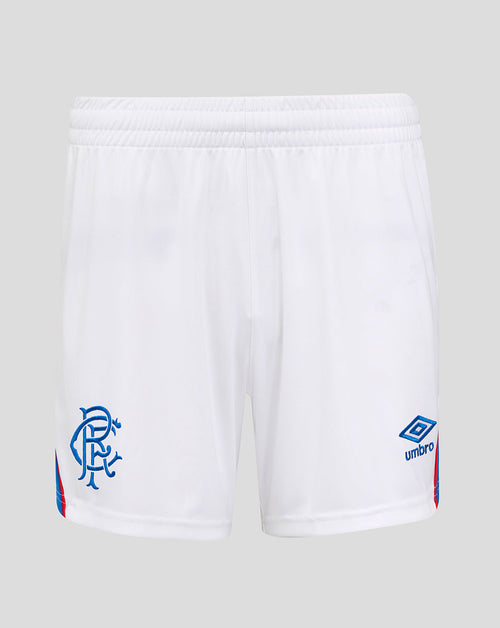 White Rangers FC womens home shorts with blue crest on the left leg and Umbro logo on the right plus blue and red trim at the leg openings