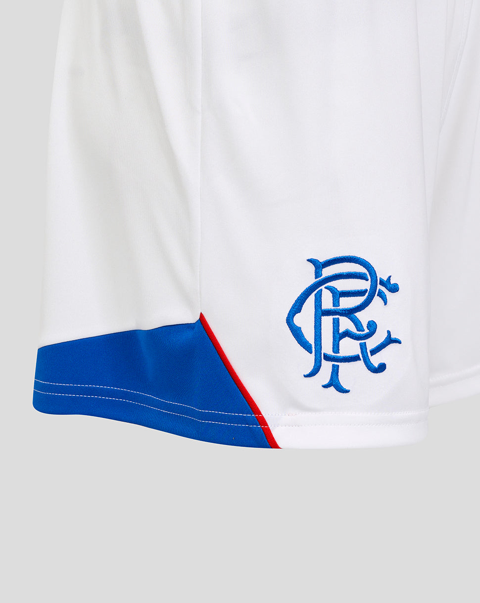 Close up of white Rangers FC womens home shorts showing blue crest on the left leg and blue hem trim with a red accent