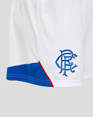 Close up of white Rangers FC womens home shorts showing blue crest on the left leg and blue hem trim with a red accent