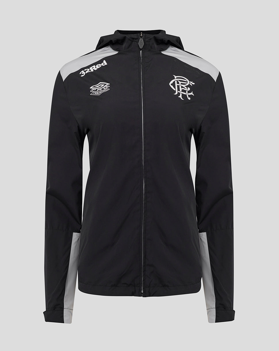 Rangers women's packable hooded training jacket in black with gray shoulder panels front view featuring 32Red logo and club crest