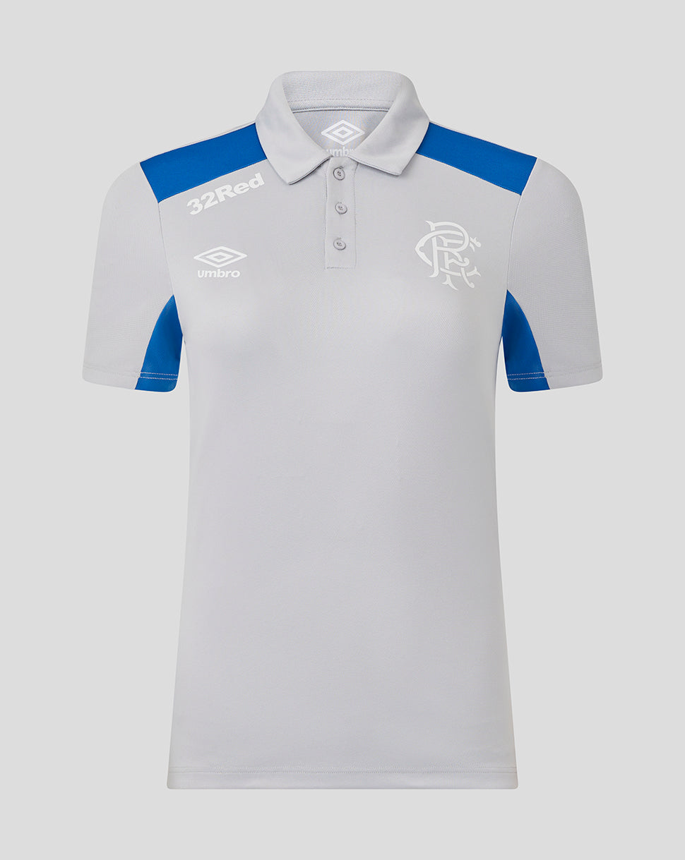 Front view of Rangers women's 25/26 presentation polo in microchip blue with crest and sponsor logos on the chest