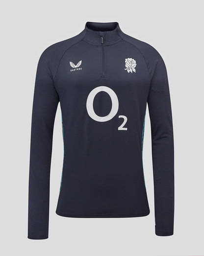 Navy long-sleeve sports top with white branding on a light gray background