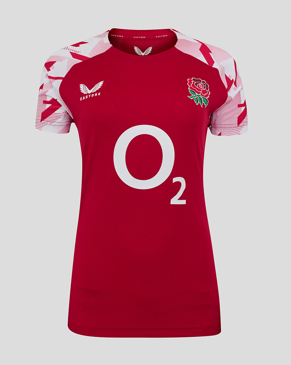 England Rugby Red Roses Pre Match Short Sleeve T Shirt O2 – Women's Fit - Jester Red/Brilliant White