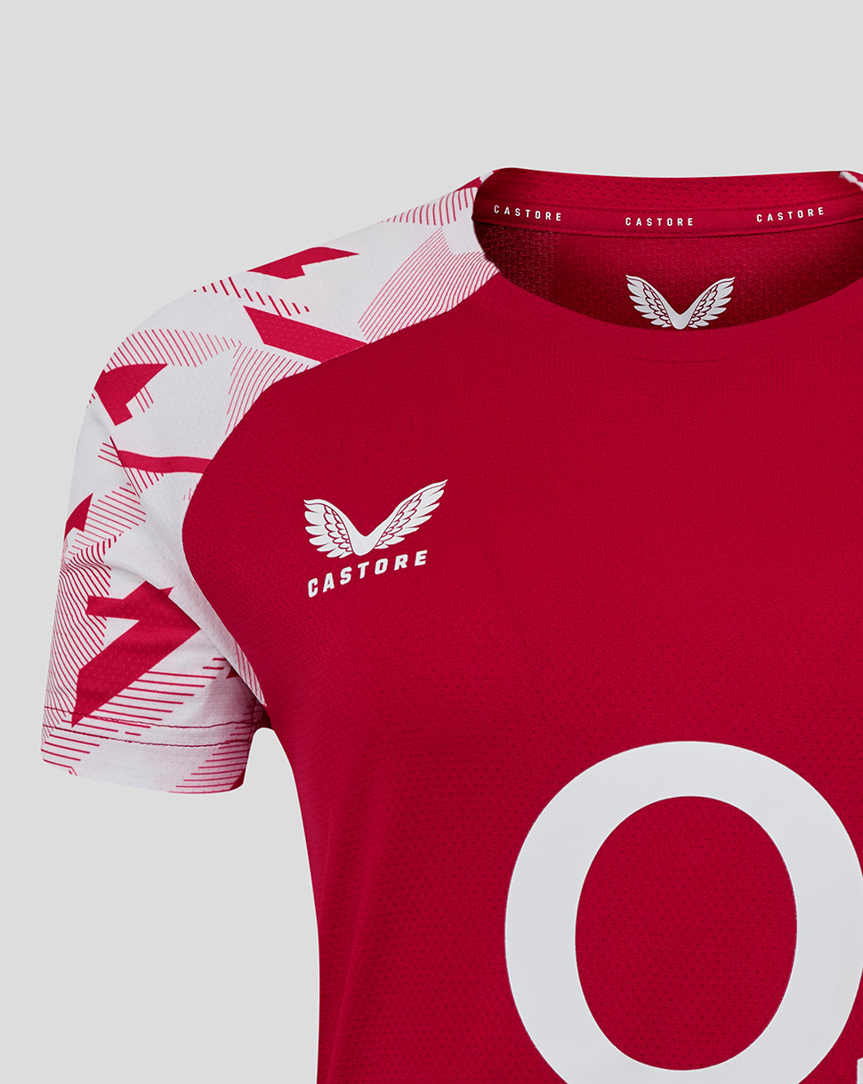 England Rugby Red Roses Pre Match Short Sleeve T Shirt O2 – Women's Fit - Jester Red/Brilliant White