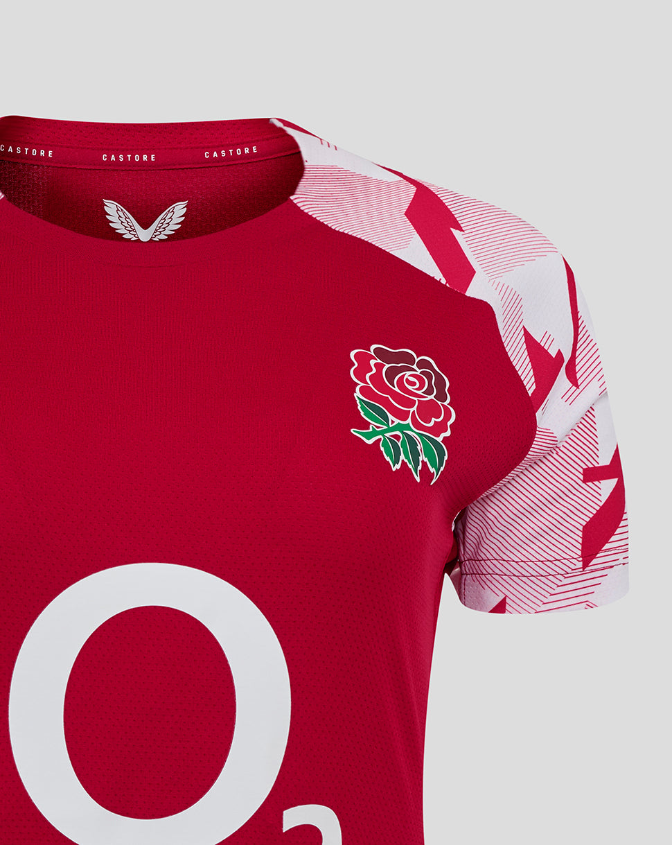 England Rugby Red Roses Pre Match Short Sleeve T Shirt O2 – Women's Fit - Jester Red/Brilliant White