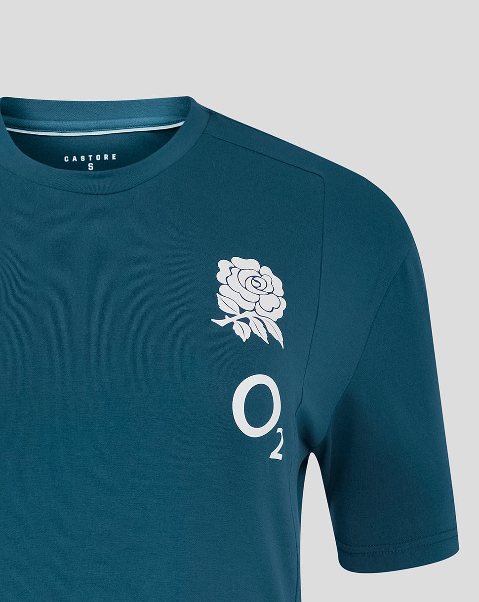 Teal t-shirt with white rose and 'O2' logo on a gray background
