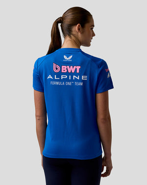 Person wearing a blue Formula One team shirt with visible branding on a gray background