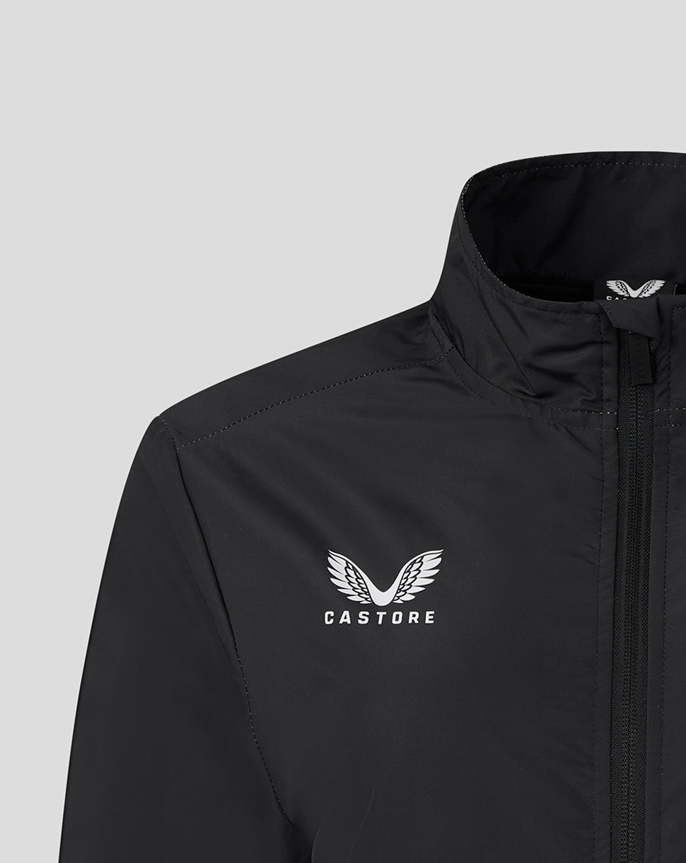 Close up of a black Leicester Tigers woven pre match jacket with Castore logo on the chest