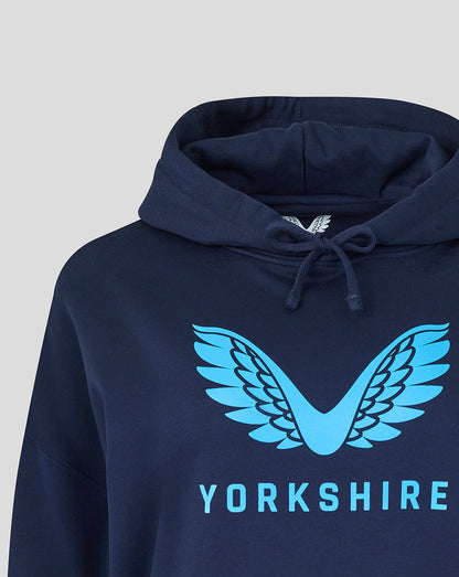 Navy hoodie with blue 'Yorkshire' logo on a light gray background