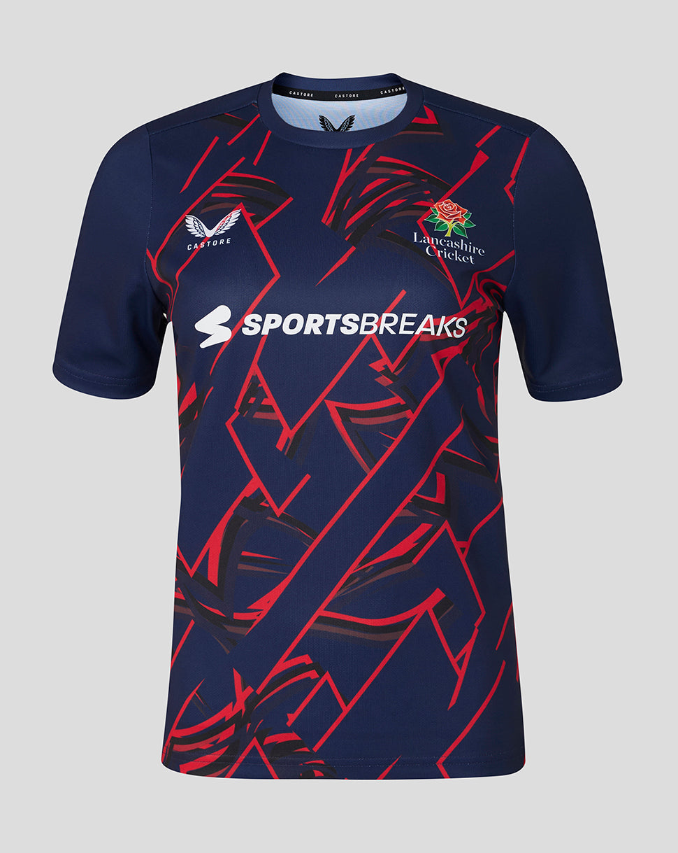Navy blue sports jersey with red patterns and visible branding on a gray background