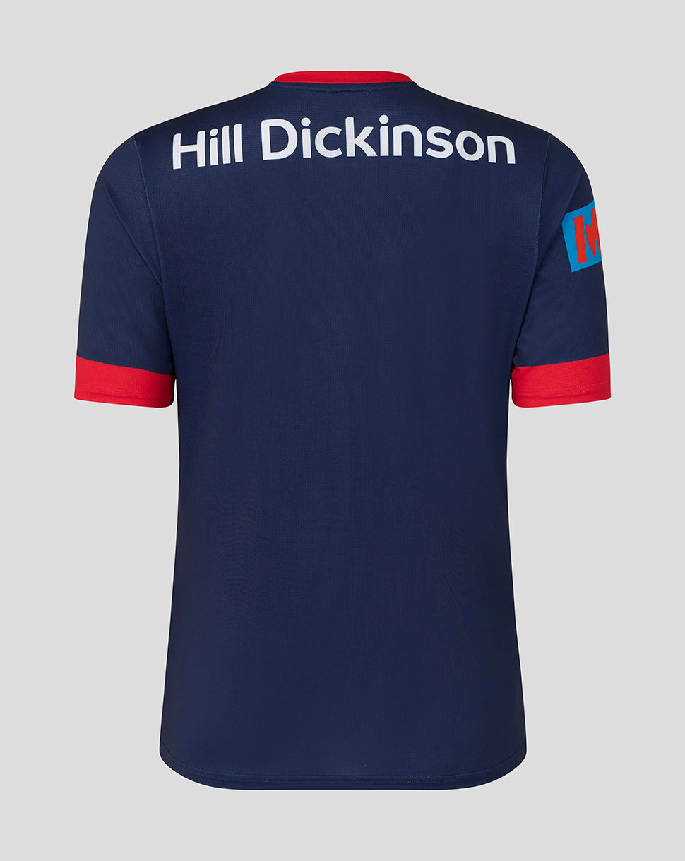 Navy blue sports jersey with 'Hill Dickinson' branding on a gray background