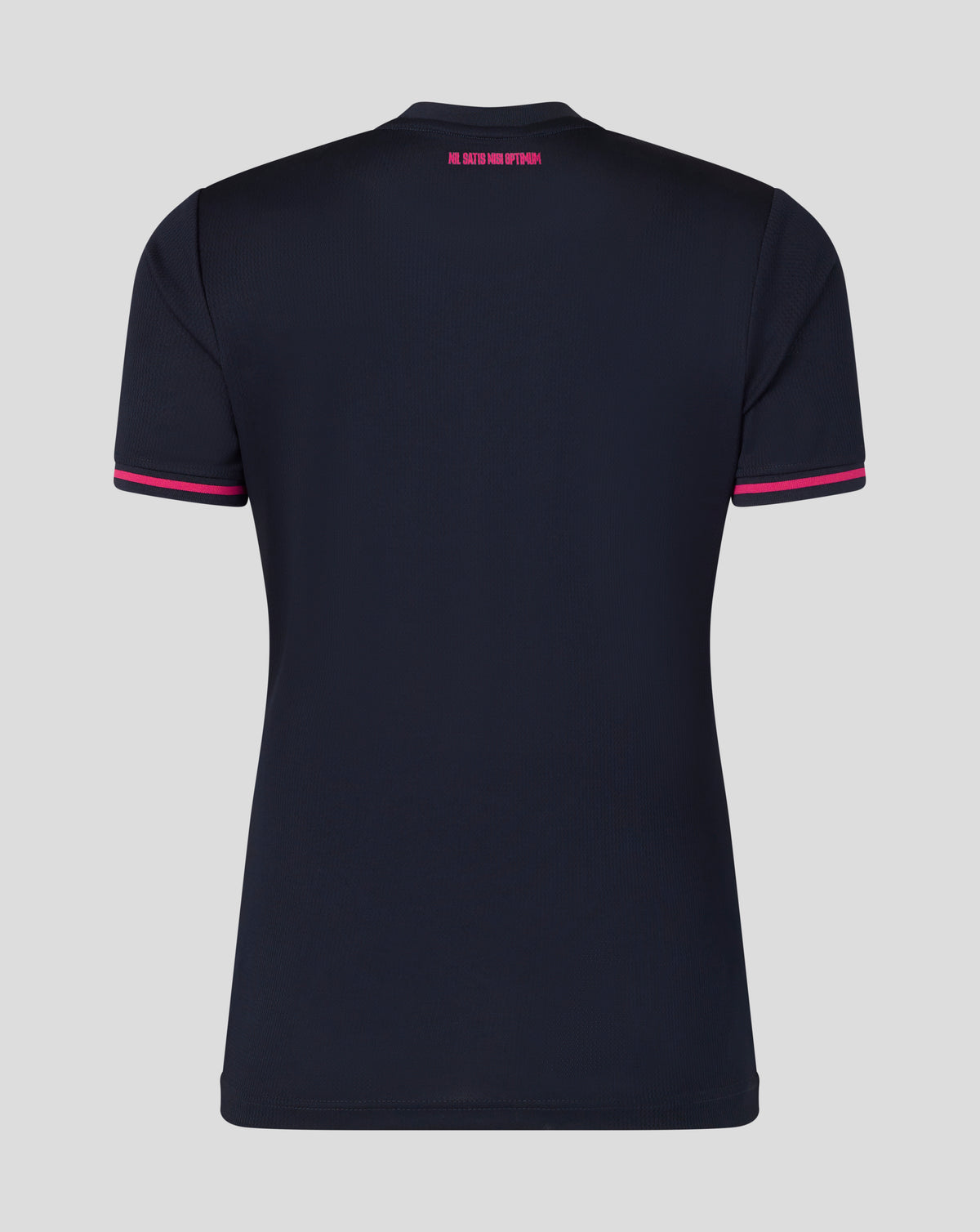 Black t-shirt with pink accents on a gray background