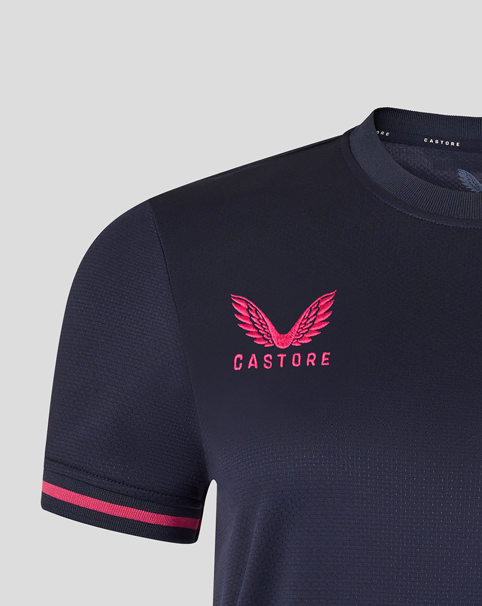 Navy cycling jersey with pink accents and 'Castore' logo on a light gray background